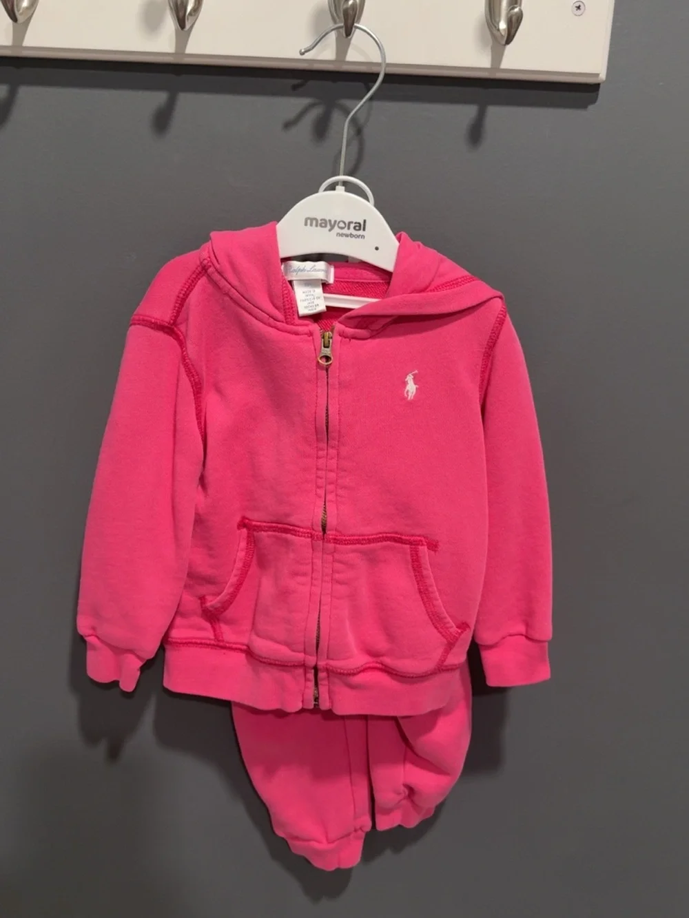 Ralph Lauren Hot Pink Hoodie & Jogger Set for Baby Girl Toddler 18M Zip Up